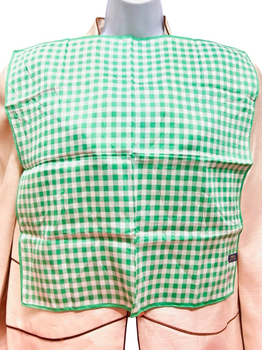 New Polo Ralp Raurent Mini Scarf/Handkerchief  cotton 20"  Green wihte check(89 - Picture 5 of 12